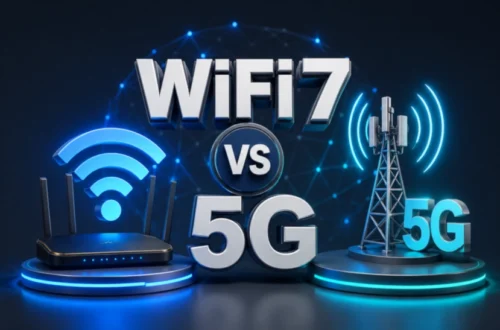 3D illustration comparing WiFi 7 and 5G technology with a wireless router, 5G tower, and futuristic connectivity network.
