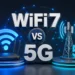 3D illustration comparing WiFi 7 and 5G technology with a wireless router, 5G tower, and futuristic connectivity network.